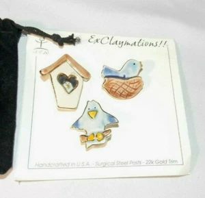 Broche prendedor Birds Birdhouse ExClaymations oro 22K arcilla hecho a mano juego de 3 - Imagen 1 de 10