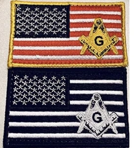 LOT TWO MASONIC LOGO USA FLAG EMBROIDERED PATCHES FREEMASON SQUARE COMPASS MASON - Picture 1 of 2