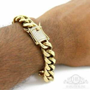 Men Cuban Miami Link 10mm Thick Bracelet Stainless 14k Gold Plated Diamond Clasp