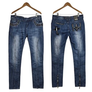 Dereon Skinny Jeans Sz 14W Blue Zip Ankle Zip Pockets Rhinestones Embroidery - Picture 1 of 16