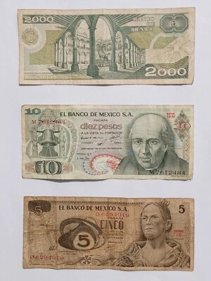 (3 Lot) MEXICO 1969 5 PESOS, 1971 10 PESOS, 1985 2000 PESOS BILL BANK NOTE MONEY - Image 1 of 4