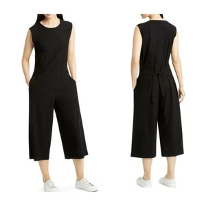 Eileen Fisher Wide Leg Crop Jumpsuit Black Crepe Back Zip Tie Waist Size Medium - Picture 1 of 15