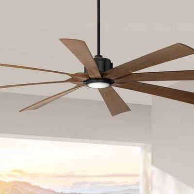 70" Possini Defender Matte Black Koa Damp LED Ceiling Fan with Remote - Image 1 of 4