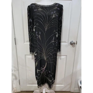 VTG Argenti Notte 100% Silk Beaded Sequin Long Sleeve Shift Dress Black Midi M 8 - Picture 1 of 19