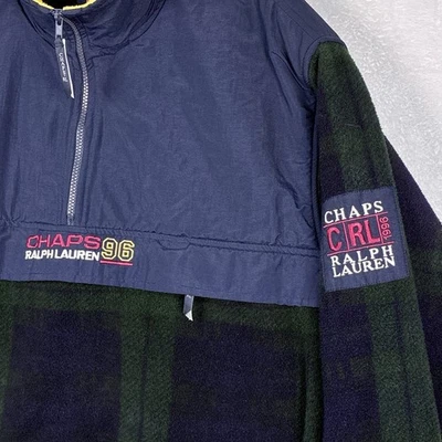 VTG 90s Ralph Lauren Chaps 1/4 Zip Jacket Men L Green Plaid Fleece Oversized USA - Image 1 of 4