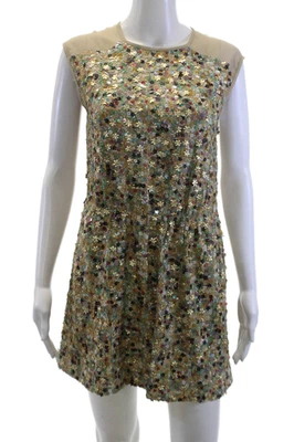 Tibi Womens Silk Beaded Crew Neck Sleeveless Lined Shift Dress Brown Size 0 - Image 1 of 3