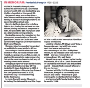 Frederick Forsyth Nachruf RIP MI6 Autor Tag des Schakals UK Nachrichtenausschnitt 2025 - Bild 1 von 1