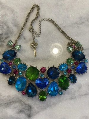 Betsey Johnson Blue Lagoon Aqua-Green-Pink Jewel Heart Bow Crystal Necklace - Image 1 of 4