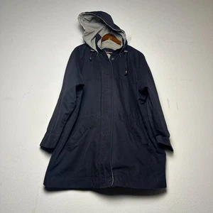 London Fog Jacket Women 2X Black Tan Lining Windbreaker Long Hooded Outerwear - Picture 1 of 17