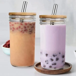 2 Stück Glasbecher Mit Deckel und Strohhalm 720ml Trinkgläser Eiskaffeebecher - Bild 1 von 15