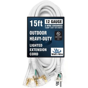15 ft - 12 Gauge Heavy Duty Extension Cord - 3 Outlet Lighted SJTW - Indoor/O... - Picture 1 of 6