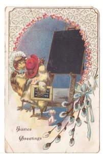 Easter Greetings, Dressed Chicks At School, Vintage Embossed Postcard - Picture 1 of 2