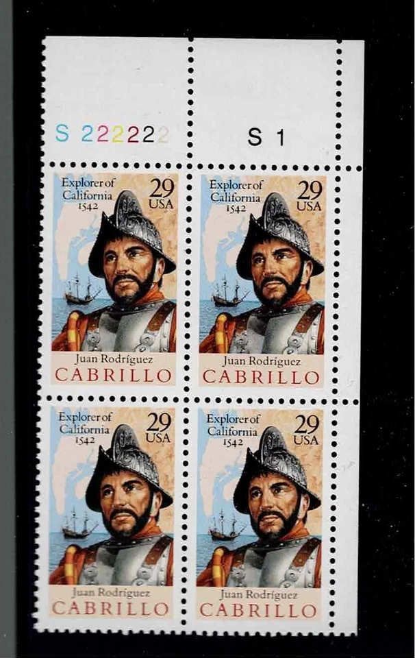 US Scott #2704, Plate Block #S22222/S1 1992 Cabrillo 29c FVF MNH Upper Right - Image 1 of 1