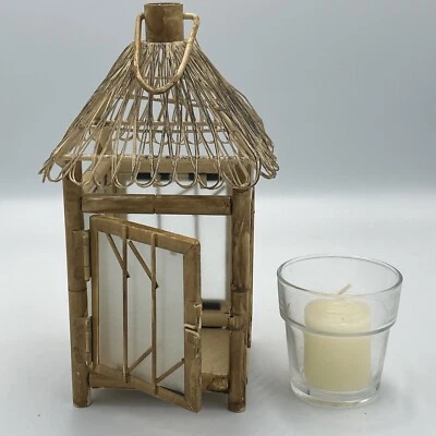Boho De Colección 8" Metal Bambú-aspecto Pagoda Linterna con Vela Vidrio Paredes Puerta Manija Foto 1 de 4