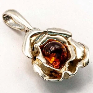 925 Solid Pure Sterling Silver Honey Baltic Amber Rose Flower Beautiful Pendant - Picture 1 of 4