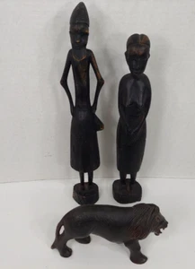 Solid Ebony Wood Sculptures Man Woman Lion Kenya Africa Hand Carved Vintage - Picture 1 of 12