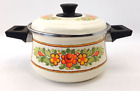 UNUSED Vintage Mid Century Floral Enamel Lidded Pot Saucepan Square Handles