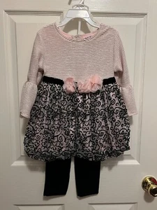 LITTLE LASS GIRLS 2 PIECE PINK BLACK DRESSY TOP LEGGINGS SET SIZE 5 NWT - Picture 1 of 12