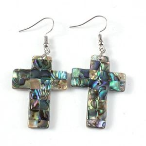Cross Design Genuine Handmade Abalone Shell Gems Silver Dangle Hook Earrings 2" - Picture 1 of 2