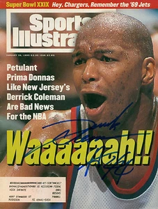 DERRICK COLEMAN SIGNIERT 1995 SPORT ILLUSTRIERT NEUES TRIKOT NETZE MIT COA - Bild 1 von 1