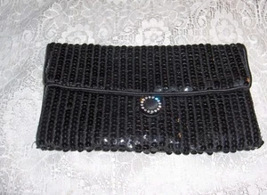 Bolso de noche vintage Norell negro lentejuelas satén bolso de noche broche de estrás - Imagen 1 de 1