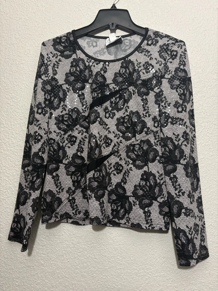 Blusa Top Joseph Ribkoff Para Mujer 12 Negra Floral Encaje Lentejuelas Transparente Manga Larga  Foto 1 de 4