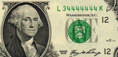 $1 2006 -- FANCY - 7-STRAIGHT NEAR-SOLID (L34444444K) - Seven FOUR's - ChCU - Image 1 of 3