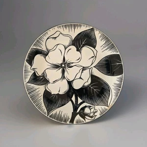 Vintage MCM Homer Laughlin Malay Dura Print schwarz weiß Blumen Essteller 10" - Bild 1 von 2