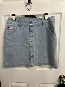 Y2K Denim Mini Skirt Sz 18 Plus Lightwash Button Front Pink Stitch A-Line - Picture 1 of 9