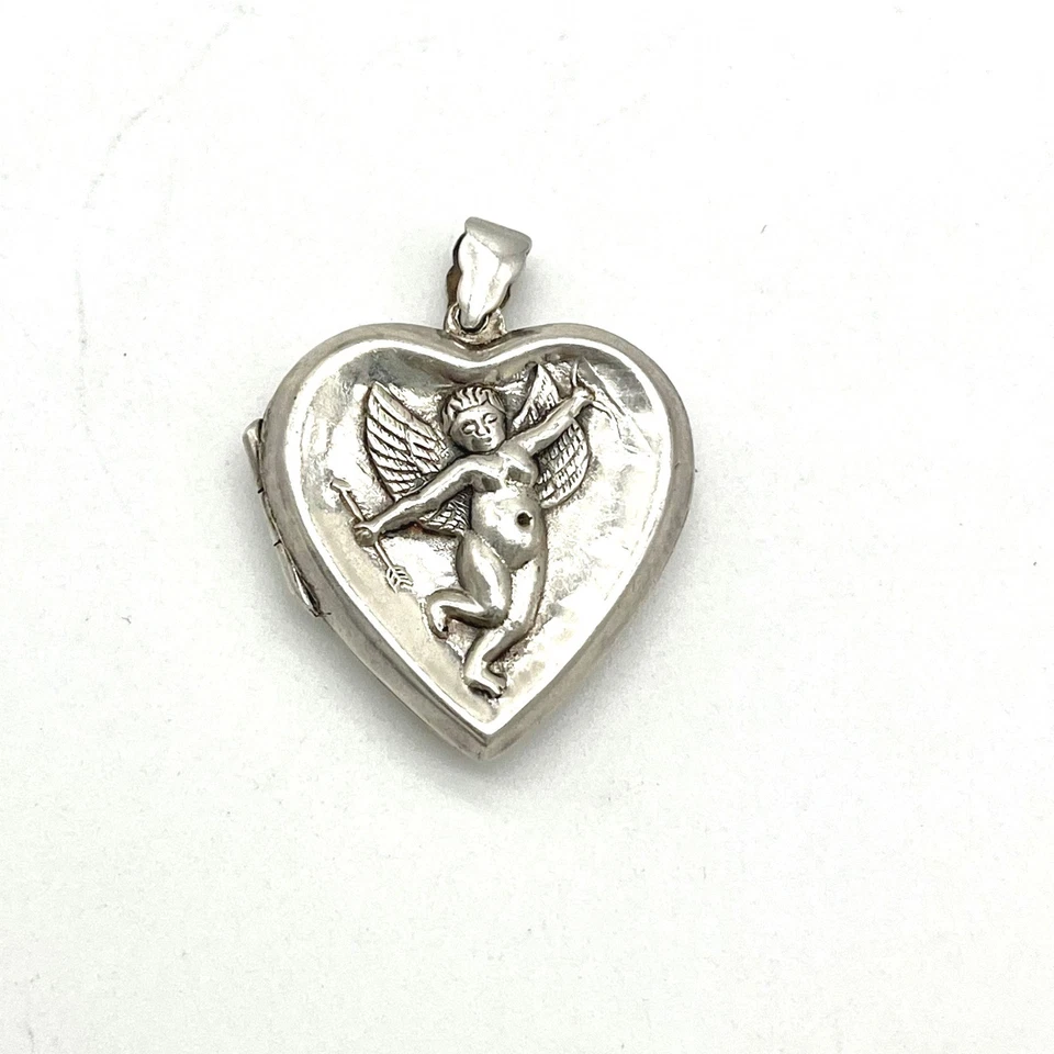Vintage Sterling Silver Puffy Heart Locket Cupid Pendant Photo Holder Jewelry - Image 1 of 4
