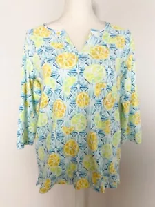 Lands' End Womens Top Blouse Size S (6-8) Blue Yellow V Neck 3/4 Sleeve Textured - Picture 1 of 12