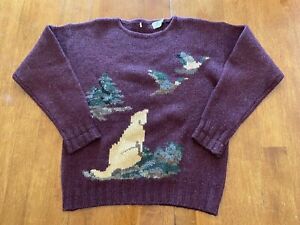 Vintage Intarsia Sweater Dog Hunting Duck Wool Maroon Autumn M