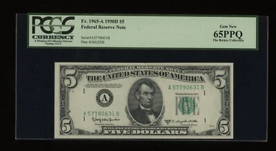 DBR 1950-D $5 FRN Boston Gem Fr. 1965-A PCGS 65 PPQ Serial A57790631B - Image 1 of 2