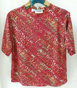 PETERS & ASHLEY Sz 10 Liquid Silk Blouse Red Multi Color Short Sleeve Buttons - Picture 1 of 2