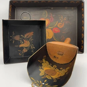 Vtg toleware 2 tray and 1 scoop 3pc Hand painted folk art Signed D Weisler Metal - Picture 1 of 12