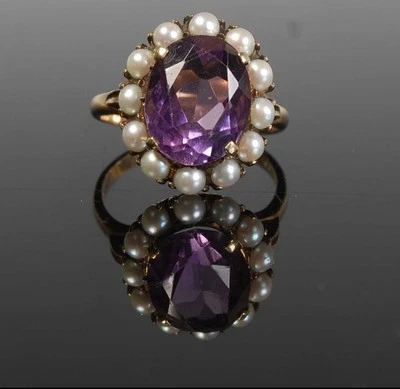 Кольцо с жемчугом из семян аметиста 9 карат 4 карата 5,2 г Hallmark Adler Maker размер J в коробке - Изображение 1 из 4