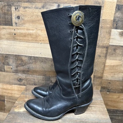 Harley Davidson Black Leather Tall Boots Lace Up Brass Button Western Style 7M - Image 1 of 4