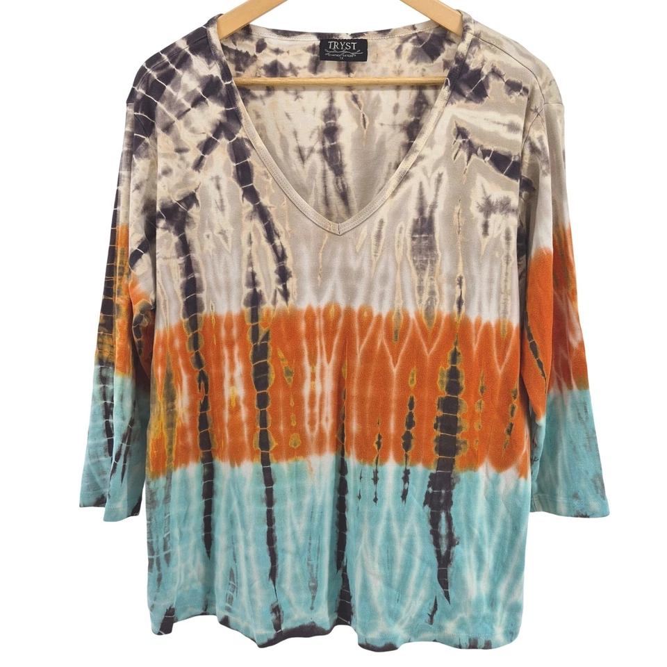 Vtg Y2K Tryst by Mathew 1X Tie Dye Cotton Top Long Sleeve Boho Hippie USA Brown - Image 1 of 4