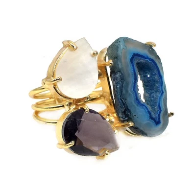Женское регулируемое кольцо с тремя камнями из нарезанного агата позолоченное кольцо t485 - Изображение 1 из 4