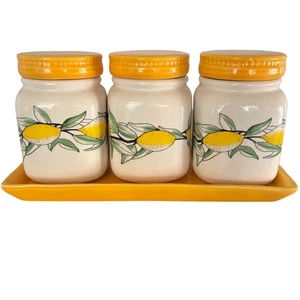 Lemon Vtg Ceramic Canister Set Of 3 w tray Arlington 5.5 tall x4.5” Wide - Picture 1 of 6