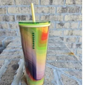Starbucks 24oz Tumbler with Straw Colorful Waves Design Green Lid - Picture 1 of 5