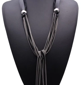 Sexy Haute Couture Silver Chain Long Tassel Lariat Necklace Black Leather collar - Picture 1 of 12