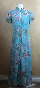 AMANDA LANE DRESS Aqua Blue Floral Mandarine Collar w KEY HOLE Midi Size 8 VTG - Picture 1 of 9
