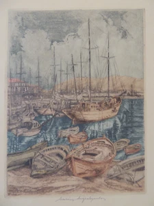 Vintage print painting Greek ships Marios Anghelopoulos - Picture 1 of 8