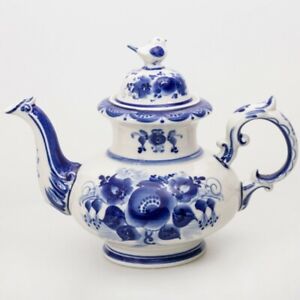 1.2 qt SPARROW Gzhel Porcelain Teapot. Russian Blue & White Pottery, Handmade