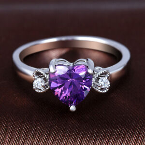 Women Simple Silver Heart Purple Zircon Ring Anniversary Jewelry Gift Size 10！