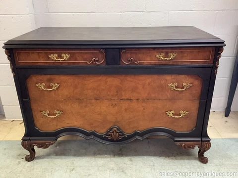 French Provincial Dresser Chest of Drawers Painted Black Burled Wood Drawers Cover