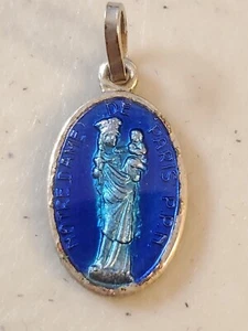 Vintage Notre Dame Paris PPN Blue Enamel Oval Medal Pendant Charm - Picture 1 of 24