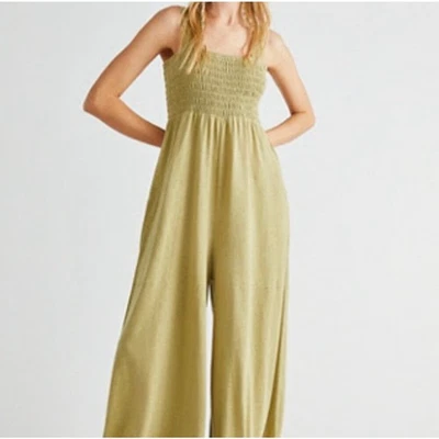 Free People FP Beach Linen Blend Homecoming Wide Leg Jumpsuit Green Medium - Image 1 of 4