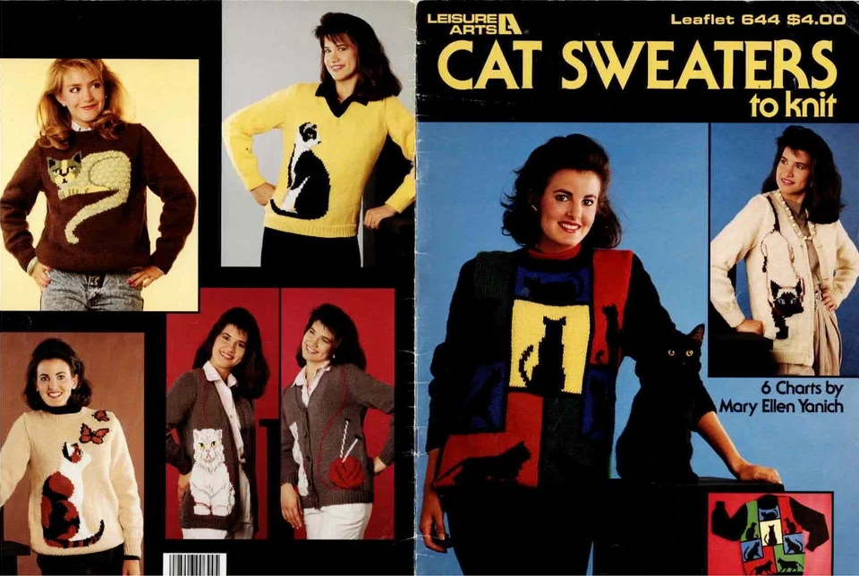 Cat Sweaters to Knit 6 Charts Leisure Arts 644 1988 Vintage Pattern Leaflet - Image 1 of 1
